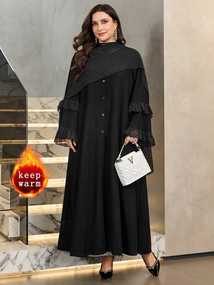 Al Najma Women's Polka Dot Patchwork Long Sleeve Ruffle Loose Elegant Versatile Autumn/Winter Plus Size Arabic Abaya Coat - Black - View 1