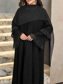 Al Najma Women's Polka Dot Patchwork Long Sleeve Ruffle Loose Elegant Versatile Autumn/Winter Plus Size Arabic Abaya Coat - Black - View 3