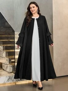 Al Najma Women's Polka Dot Patchwork Long Sleeve Ruffle Loose Elegant Versatile Autumn/Winter Plus Size Arabic Abaya Coat - Black - View 4