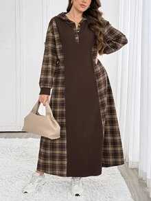 Easowa Curve Plus Size Women's Plaid Casual Party & Travel Dress - Chocolate Brown - View 3