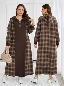 Easowa Curve Plus Size Women's Plaid Casual Party & Travel Dress - Chocolate Brown - View 2