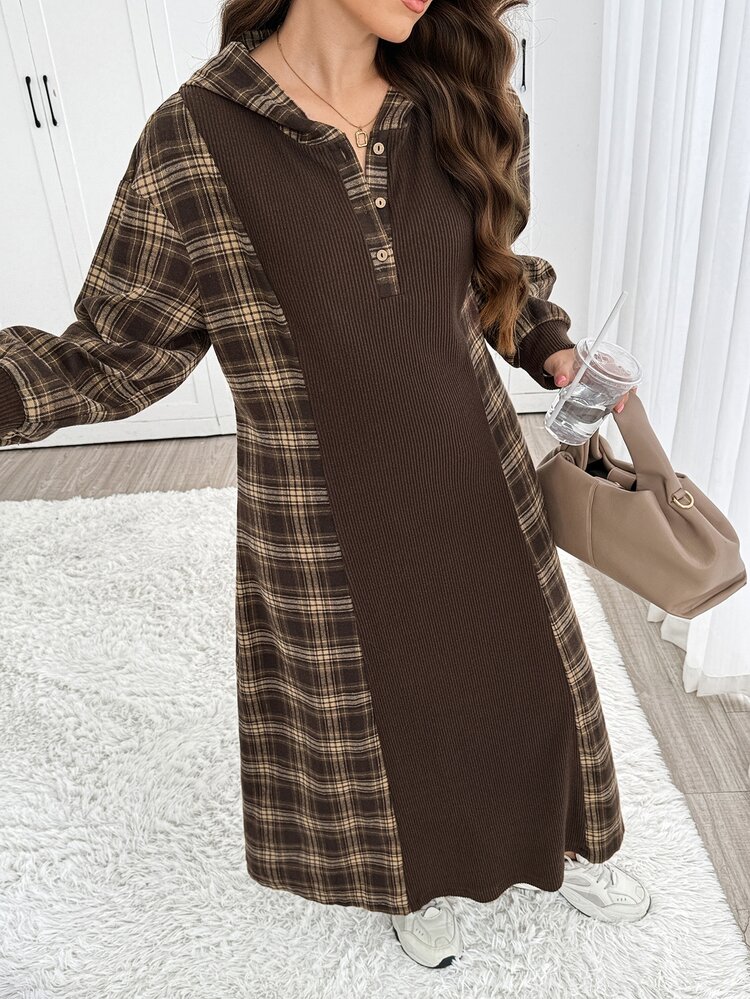 Easowa Curve Plus Size Women's Plaid Casual Party & Travel Dress - Chocolate Brown - View 6