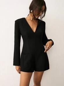 ATUI Studio Women's Black V-Neck Tailored Romper | Fall Fashion Quiet Luxury Office Style Date Night Party Outfit Holiday Style OOTD - Black - View 7