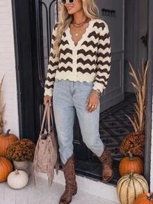 Brillora Women's Casual Striped Open Front Sweater, Autumn/Winter, Vacation, Back To School, Commute - Multicolor - View 1