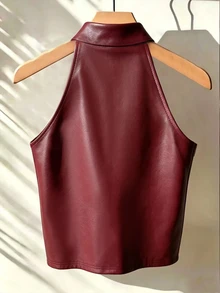 Franclia Solid PU Leather Halter Top - Burgundy - View 2