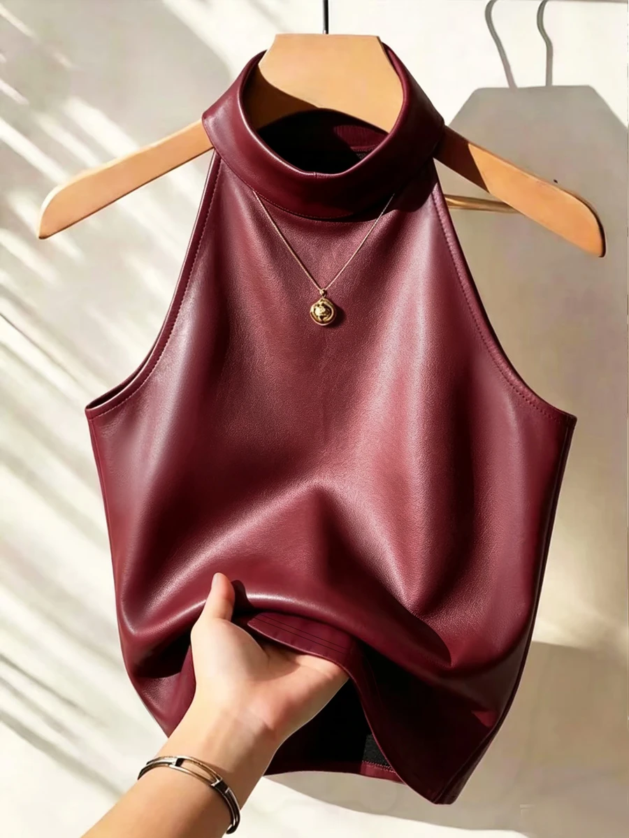 Franclia Solid PU Leather Halter Top - Burgundy - View 1