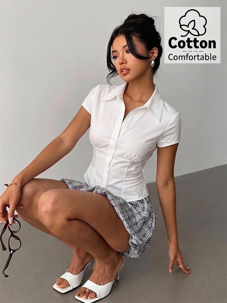 Aloruh 100%純棉女款襯衫,3D收腰設計,經典百搭街頭咖啡廳穿搭,現代都市時尚商務休閒辦公穿著,低調老錢風優雅知性通勤機場造型 - 白色 - 查看 1