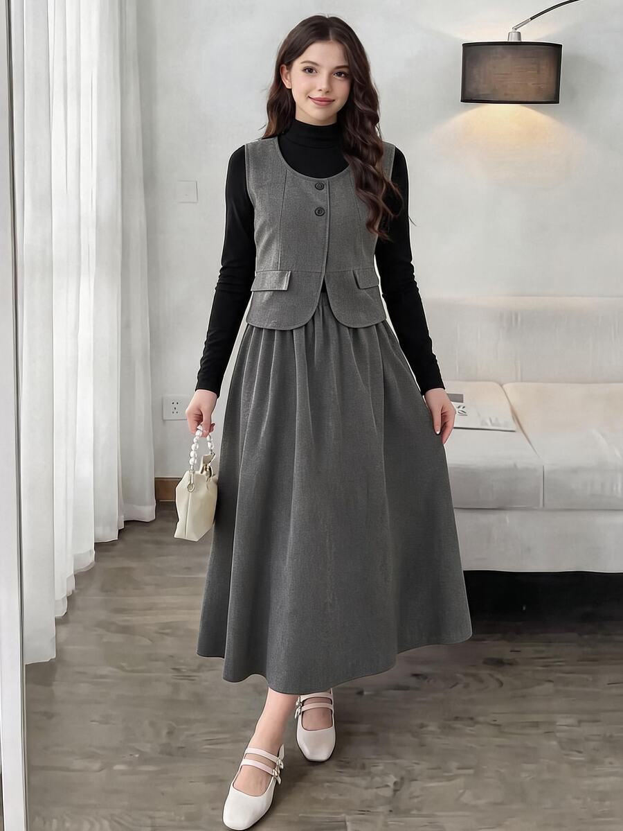 1 Set Teen Girls Fall Winter 2Pcs Set, 2 In 1 Grey Vest Long Sleeve Top, Elastic Waist Midi Skirt, Casual Daily Wear Outfit Set - Grey - View 1
