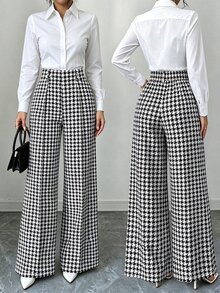 Elenzga Classic Black & White Houndstooth Wide Leg Loose Fit Hip-Flattering Slimming Long Pants For Women, Commuter Versatile Elegant,Only Long Pant - Black and White - View 8