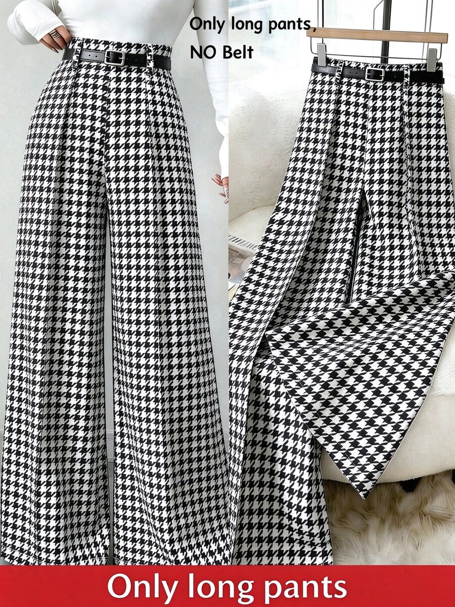 Elenzga Classic Black & White Houndstooth Wide Leg Loose Fit Hip-Flattering Slimming Long Pants For Women, Commuter Versatile Elegant,Only Long Pant - Black and White - View 1