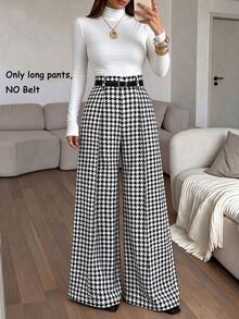 Elenzga Classic Black & White Houndstooth Wide Leg Loose Fit Hip-Flattering Slimming Long Pants For Women, Commuter Versatile Elegant,Only Long Pant - Black and White - View 2