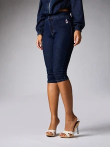 BABYPHAT High Rise Skinny Capri Jeans With Script Logo Embroidery And Cat Motif Detail Cropped Pedal Pusher Denim - Dark Wash - View 3