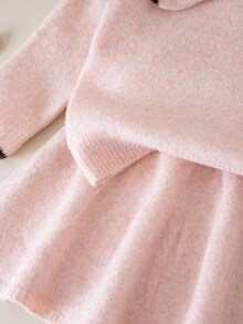 SHEIN Baby Girl Contrast Trim Large Lapel Bow Knit 2 Pieces Set, Soft Pink Long Sleeve Sweater With A-Line Mini Skirt, Cute Sweet Outfit For Outings - Baby Pink - View 5