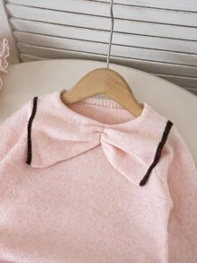 SHEIN Baby Girl Contrast Trim Large Lapel Bow Knit 2 Pieces Set, Soft Pink Long Sleeve Sweater With A-Line Mini Skirt, Cute Sweet Outfit For Outings - Baby Pink - View 3