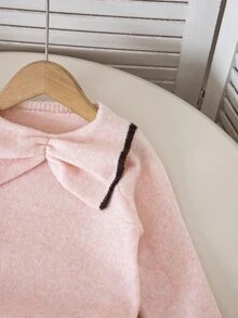 SHEIN Baby Girl Contrast Trim Large Lapel Bow Knit 2 Pieces Set, Soft Pink Long Sleeve Sweater With A-Line Mini Skirt, Cute Sweet Outfit For Outings - Baby Pink - View 4
