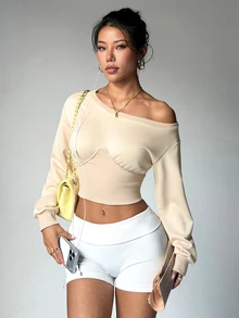 FavEase Women's Fashion Casual Asymmetrical Shoulder Design Loose Long Sleeve Cinched Waist Mesh Sport Top - Khaki - View 7