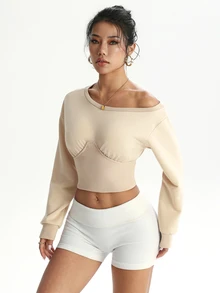 FavEase Women's Fashion Casual Asymmetrical Shoulder Design Loose Long Sleeve Cinched Waist Mesh Sport Top - Khaki - View 8