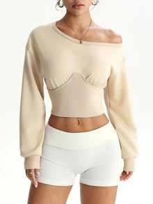 FavEase Women's Fashion Casual Asymmetrical Shoulder Design Loose Long Sleeve Cinched Waist Mesh Sport Top - Khaki - View 4