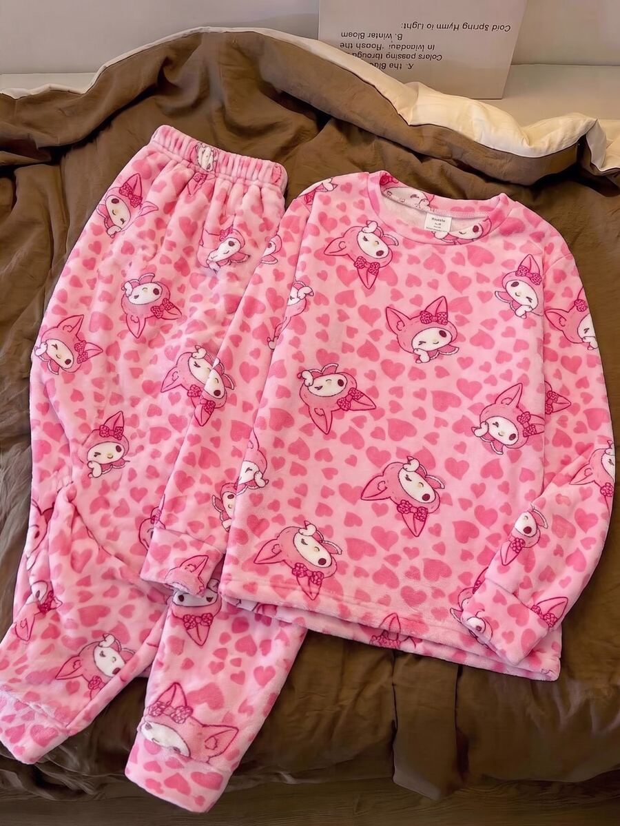 Tween Girl Casual Everyday Versatile Comfortable Fitted Cartoon Pattern Glow-In-The-Dark Loungewear - Black - View 1