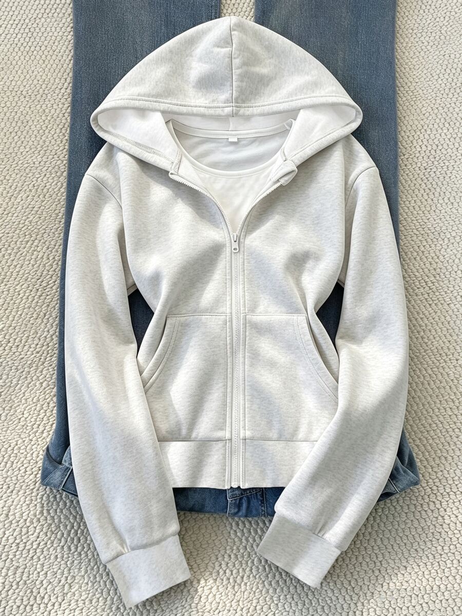 SHEIN Girls' Fleece-Lined Zip-Up Sweatshirt Dark-Style Spiderweb Print Loose-Fit Drop-Shoulder Basic Casual Baggy School Light Grey Fall