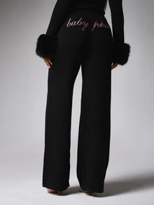 BABYPHAT Wide Leg Knit Pants With Embroidered Logo Waistband High Rise Full Length Palazzo Casual Lounge Trousers - Black - View 3