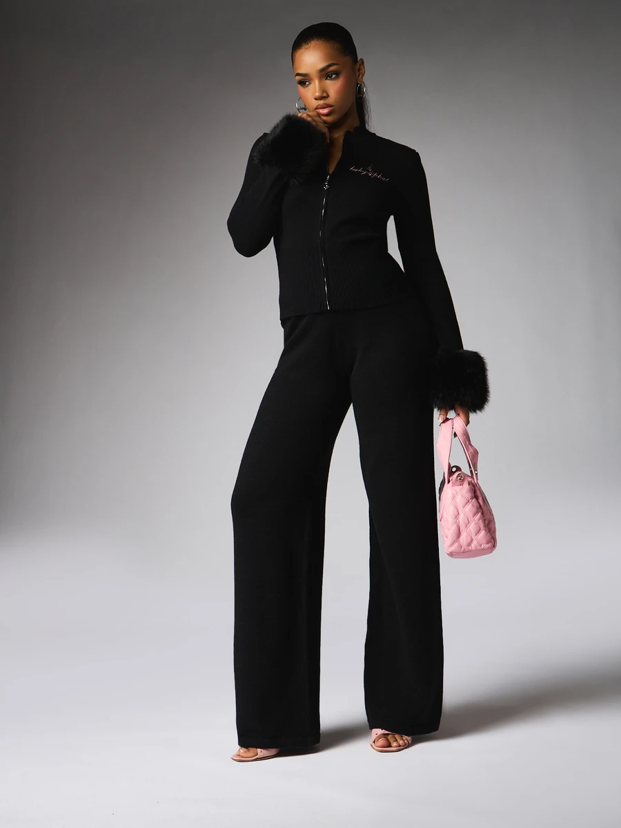 BABYPHAT Wide Leg Knit Pants With Embroidered Logo Waistband High Rise Full Length Palazzo Casual Lounge Trousers - Black - View 1