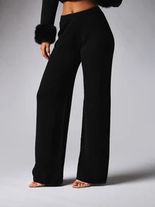 BABYPHAT Wide Leg Knit Pants With Embroidered Logo Waistband High Rise Full Length Palazzo Casual Lounge Trousers - Black - View 2