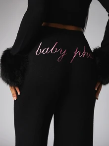 BABYPHAT Wide Leg Knit Pants With Embroidered Logo Waistband High Rise Full Length Palazzo Casual Lounge Trousers - Black - View 5