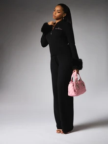 BABYPHAT Wide Leg Knit Pants With Embroidered Logo Waistband High Rise Full Length Palazzo Casual Lounge Trousers - Black - View 4