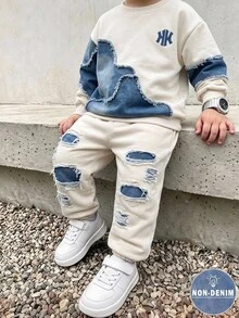 Young Boy 2 Pieces Set Casual Fashion Spring Autumn Boys Crew Neck Sweatshirt And Sweatpants Set, Cool Print Design, Back To School Suitable, Holiday - Multicolor - View 1