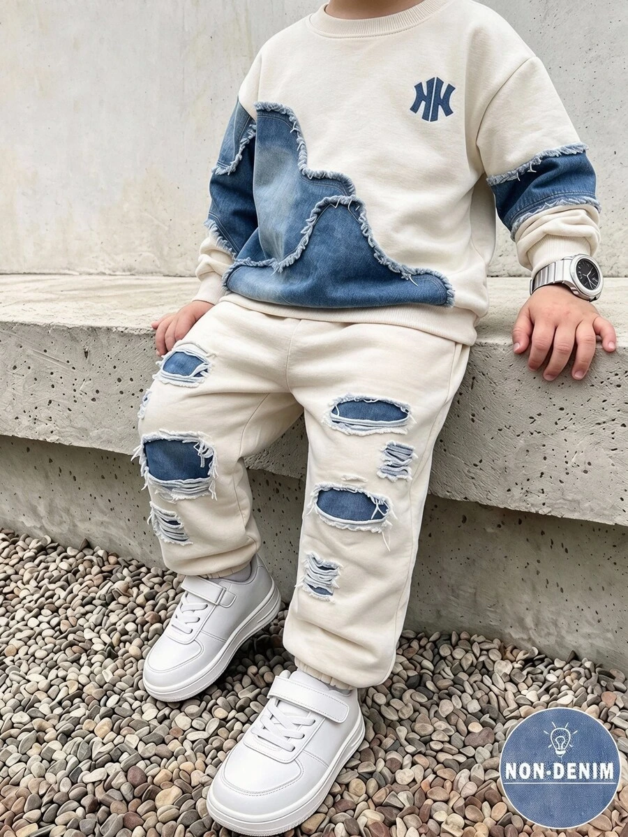 Young Boy 2 Pieces Set Casual Fashion Spring Autumn Boys Crew Neck Sweatshirt And Sweatpants Set, Cool Print Design, Back To School Suitable, Holiday - Multicolor - View 1