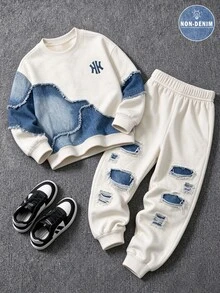 Young Boy 2 Pieces Set Casual Fashion Spring Autumn Boys Crew Neck Sweatshirt And Sweatpants Set, Cool Print Design, Back To School Suitable, Holiday - Multicolor - View 4