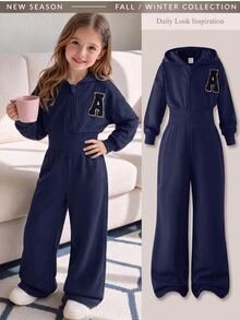 Girls Casual Daily Hoodies Sports Brown Long Sleeve Zipper Jumpsuit, Comfortable Waist Drawstring Minimalist Jumpsuit,Back To School Autumn Fall - Royal Blue - View 7