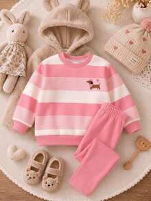SHEIN Vintage Cute Matching Strawberry Pink Striped Dachshund Pattern Baby Girl Round Neck Pullover Sweatshirt And Brushed Leggings 2 Pieces Set Fall Wear - Multicolor - View 3