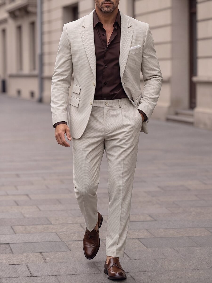 Manfinity Mode Men's Two Pieces Suit, Casual Wedding Guest Blazer And Pants, Elegant Business Solid Color Formal Evening Suit, Old-Money Style Fashionable Etiquette - Brown - View 1