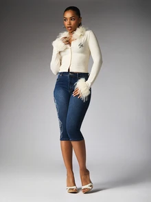 BABYPHAT High Rise Skinny Cropped Denim Jeans With Side Leg Graphic Embroidery Print Detail And Classic Five Pocket Design - Dark Wash - View 2