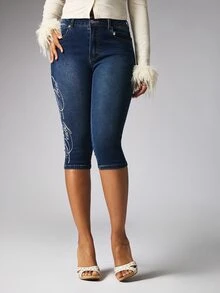 BABYPHAT High Rise Skinny Cropped Denim Jeans With Side Leg Graphic Embroidery Print Detail And Classic Five Pocket Design - Dark Wash - View 5