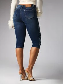 BABYPHAT High Rise Skinny Cropped Denim Jeans With Side Leg Graphic Embroidery Print Detail And Classic Five Pocket Design - Dark Wash - View 3