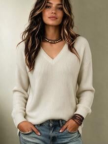 SHEIN New Spring Fall Korean Lazy Textured Knit V Neck Jumper Women Long Sleeve Loose Fit Short Length Casual - Beige - View 2