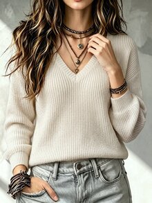SHEIN New Spring Fall Korean Lazy Textured Knit V Neck Jumper Women Long Sleeve Loose Fit Short Length Casual - Beige - View 4