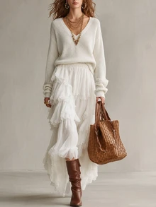 SHEIN New Spring Fall Korean Lazy Textured Knit V Neck Jumper Women Long Sleeve Loose Fit Short Length Casual - Beige - View 7