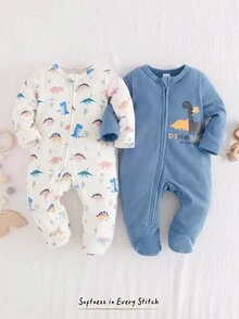 Cozy Pixies Newborn Baby Boy Baby Girl Cartoon Dinosaur Pattern Knitted Soft Round Neck Long Sleeve Jumpsuit Autumn 2pcs -Piece Set - Multicolor - View 3
