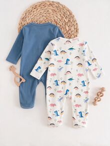 Cozy Pixies Newborn Baby Boy Baby Girl Cartoon Dinosaur Pattern Knitted Soft Round Neck Long Sleeve Jumpsuit Autumn 2pcs -Piece Set - Multicolor - View 2