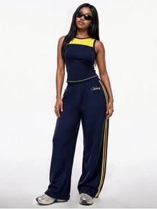 Vadaroq Women's All-Season Sportswear Color-Blocked Gym Navy Blue And Yellow Tube Top - Navy Blue - View 6