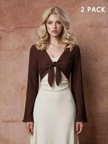 Skyraze Women's Spring/Autumn Casual Vacation Style Textured Fabric Flare Sleeve Front Tie Cropped Top And Camisole Dress 2-Piece Set - Apricot - View 11