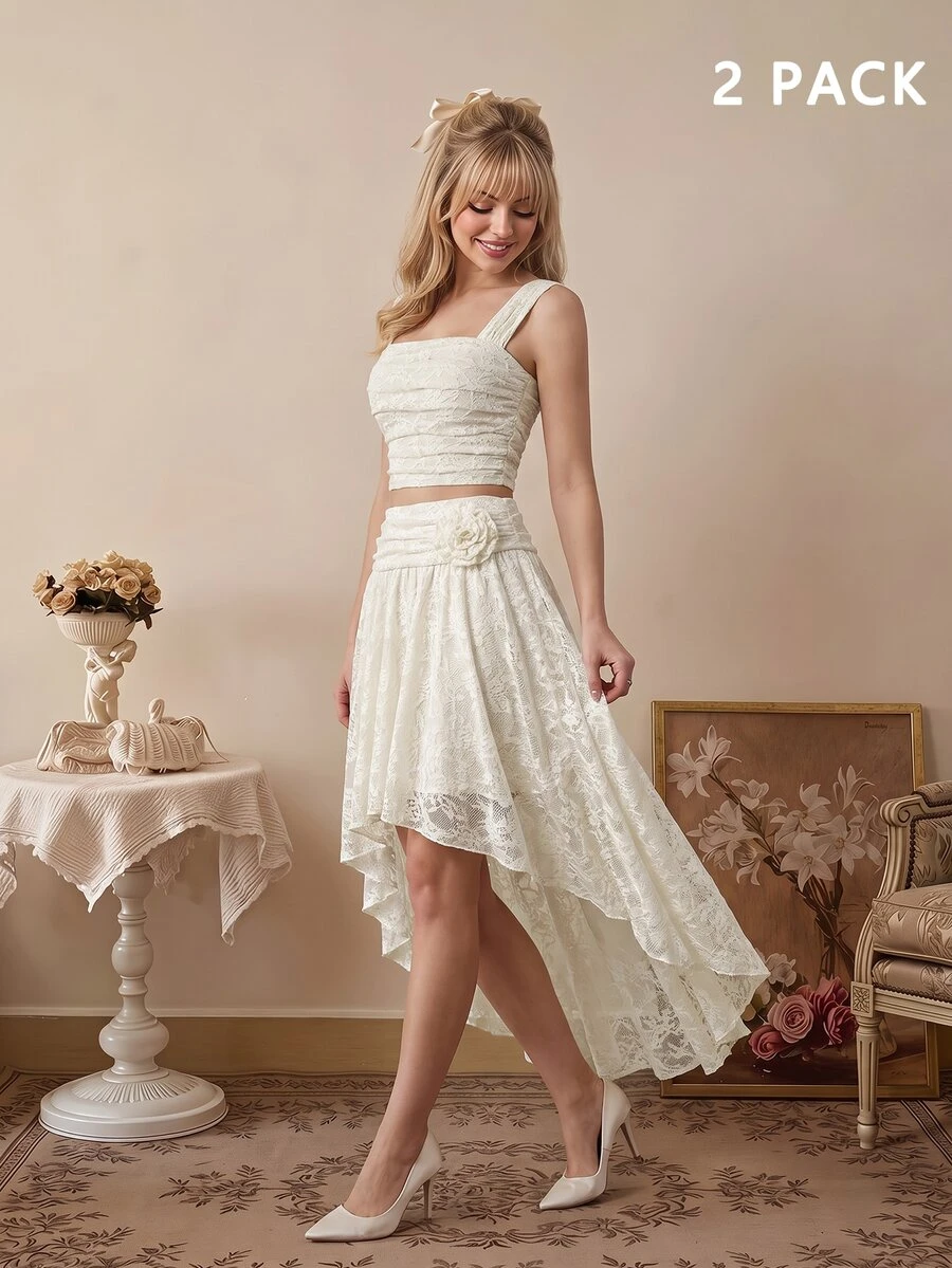 SHEIN MOD Elegant Beige Camisole & Asymmetric Hem Skirt Set For Women,Summer Victorian Style Beach Outfit,Perfect For Date,Wedding Guest Party & Prom - Apricot - View 1