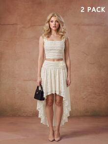 SHEIN MOD Elegant Beige Camisole & Asymmetric Hem Skirt Set For Women,Summer Victorian Style Beach Outfit,Perfect For Date,Wedding Guest Party & Prom - Apricot - View 5