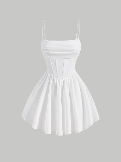 SHEIN MOD Elegant White Ruched Cami Corset Structure Summer Dress For Women,Slim Fit Graduation,Garden Tea Party,Cottagecore Vacation & Date Beach Outfit