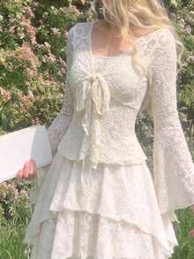 Skyraze 女款杏色浪漫優雅前綁帶可愛T恤，秋冬鏤空海盜上衣公主女裝外出上衣 - 杏色 - 查看 4