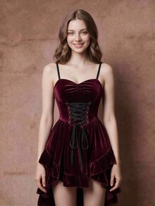 SHEIN MOD Women's Velvet Mid-Length Dress,Costume,Burgundy,Christmas,Party,New Year - Red - View 8